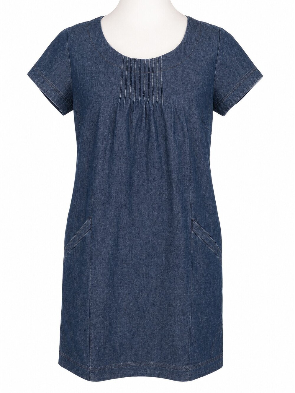 Boden Montmartre Denim Dress Shift Indigo Pintuck Bodice Short Sleeve Women 8